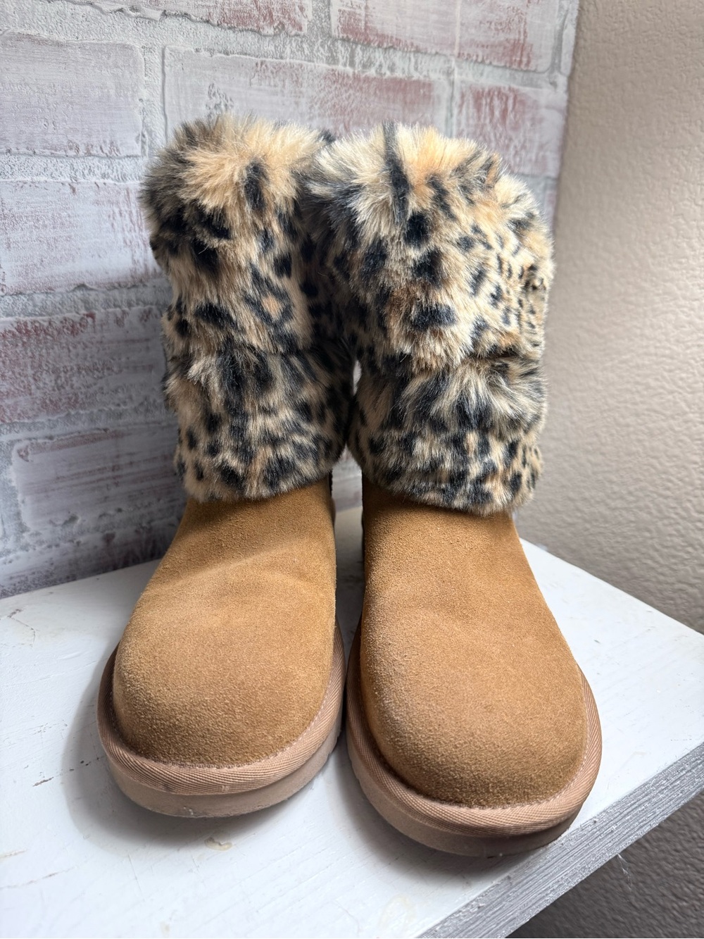 Koolaburra Tan Suede Boots with Leopard Faux-Fur Cuff
